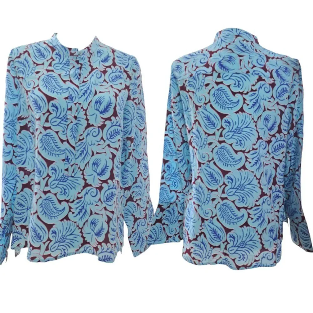 J.Crew Women's Printed Blue Silk Long Sleeves Tunic Top Side Slit Sz Small